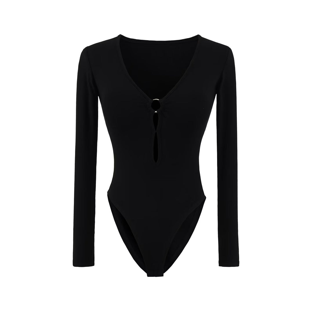 Damen Langarm Bodysuit mit elegantem V-Ausschnitt und dekorativem Ringdetail Drune