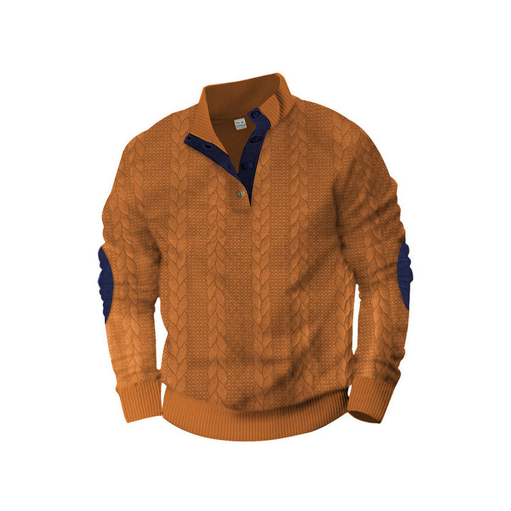 Herren Kabelstrick-Pullover mit Stehkragen, Knopfleiste & Ellbogenpatches Drune