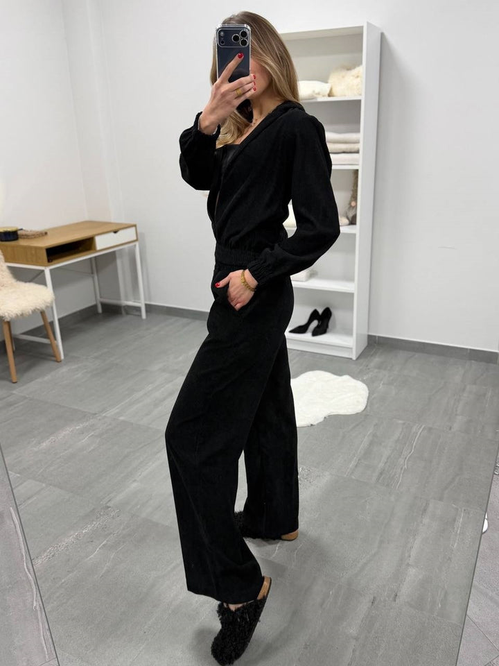 Damen weiches Cordvelours-Zweiteiler mit kurzer Kapuzenzipjacke und weiter Komforthose Drune