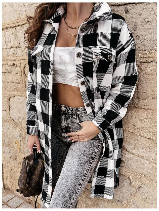 Damen Karierte Overshirtjacke mit Brusttaschen Drune