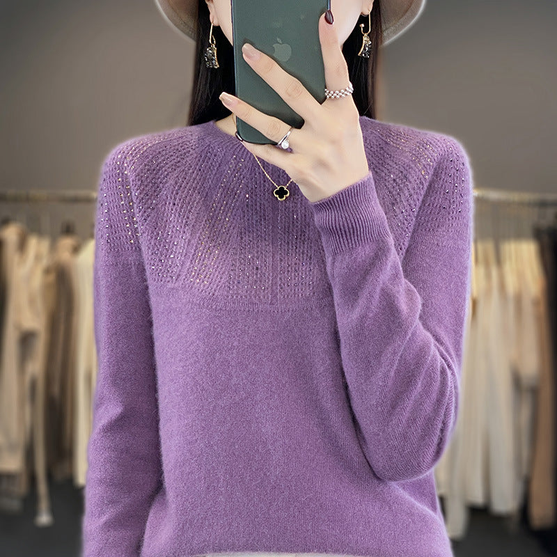 Damen Weicher Kaschmir‑Optik Feinstrickpullover mit Ajour‑Yoke und Paillettenbesatz Drune