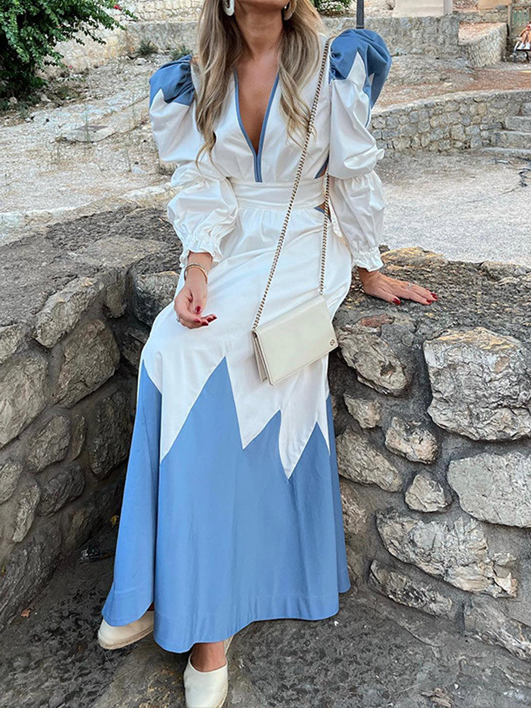 Damen Maxikleid mit ballettartigen Puffärmeln und V-Ausschnitt Drune