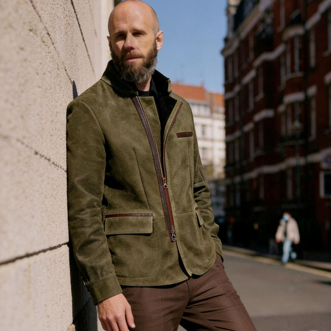 Herren Lederjacke mit hohem Stehkragen und asymmetrischem Zweiwege-Reißverschluss Drune