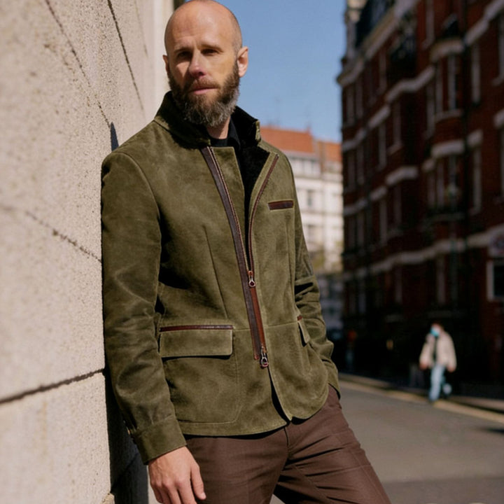 Herren Lederjacke mit hohem Stehkragen und asymmetrischem Zweiwege-Reißverschluss Drune