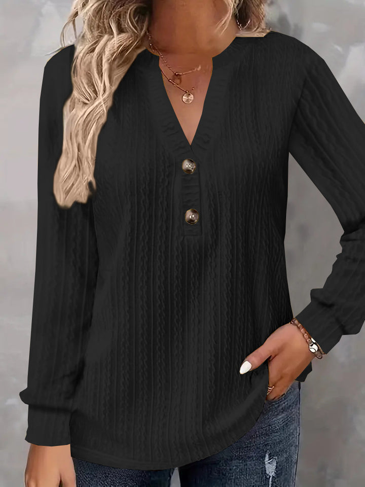 Damen Strukturiertes V‑Neck Langarmshirt mit Zierknopfleiste Drune