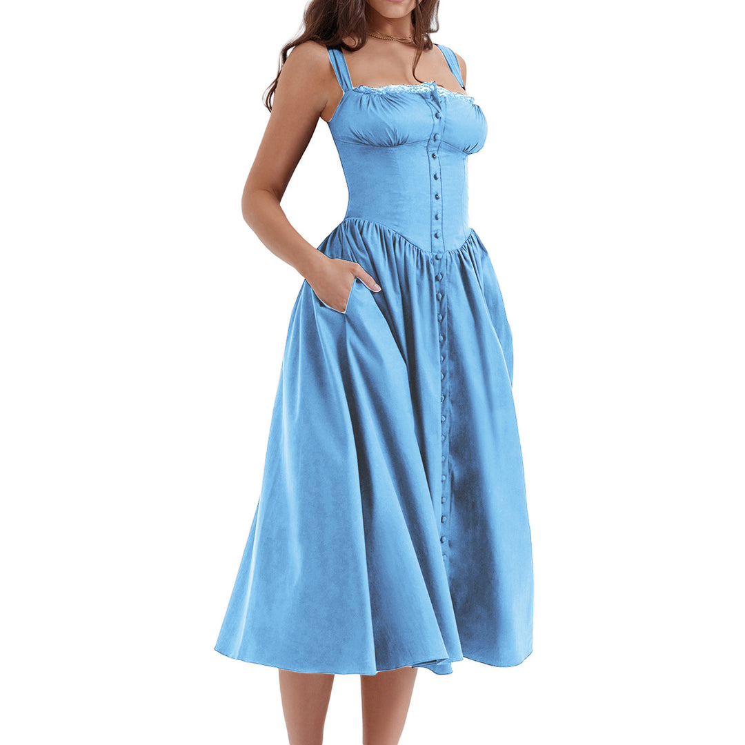 Damen Maxi-Kleid mit knöpfbarem Oberteil und schwingendem Rock Drune