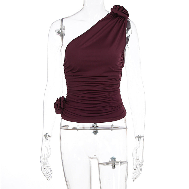 Damen asymmetrisches Top mit Raffungen und floralem Detail Drune