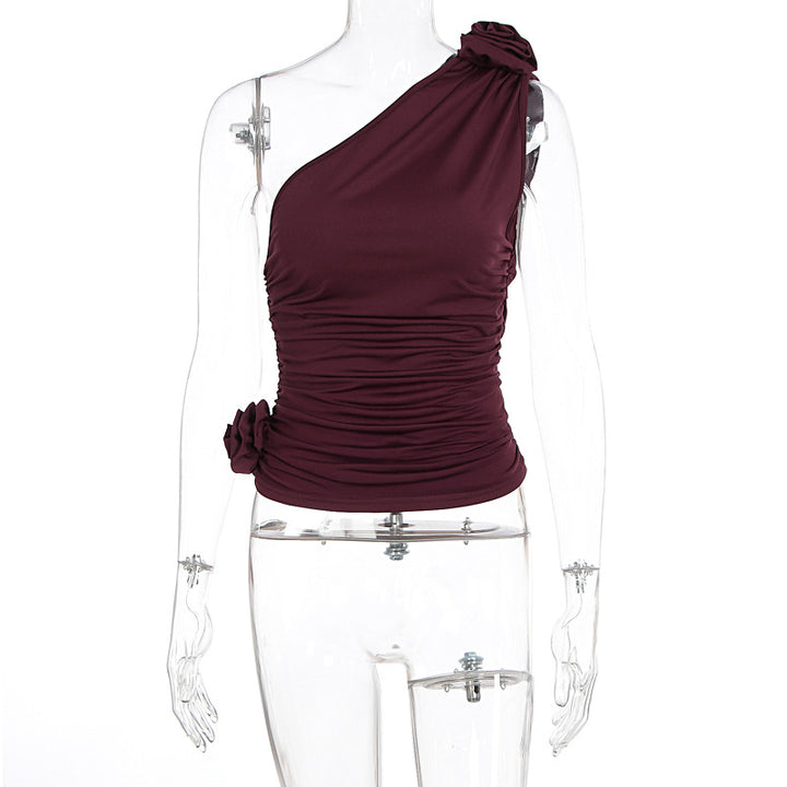 Damen asymmetrisches Top mit Raffungen und floralem Detail Drune