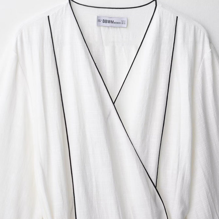 Damen Weite Plisseehose mit hohem Bund, verdeckter Knopfleiste und Kontrastpaspel Drune