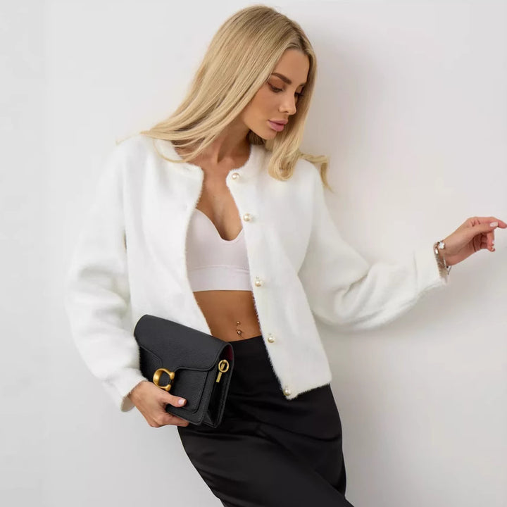 Damen Flauschiger Strick cardigan mit Perlenknöpfen Drune