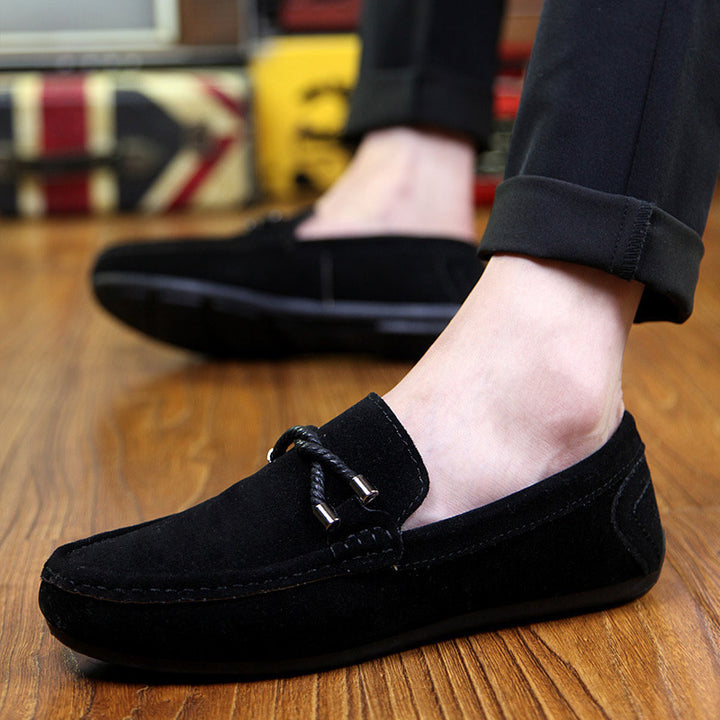 Damen weicher Veloursleder Mokassin Loafer mit geflochtener Dekorschnur und flexibler Gummisohle Drune