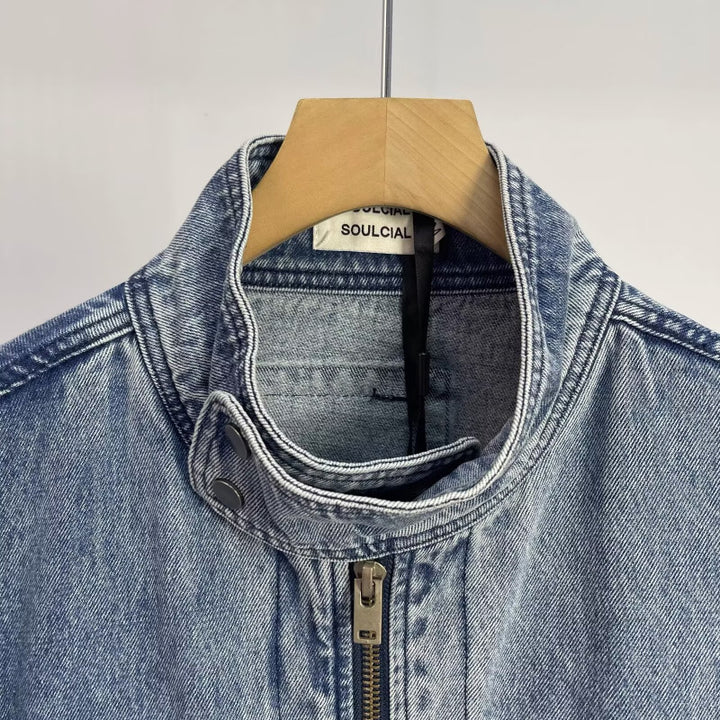Herren Relaxed Denim-Utility-Jacke mit Stehkragen und kontrastierter Brusttasche Drune