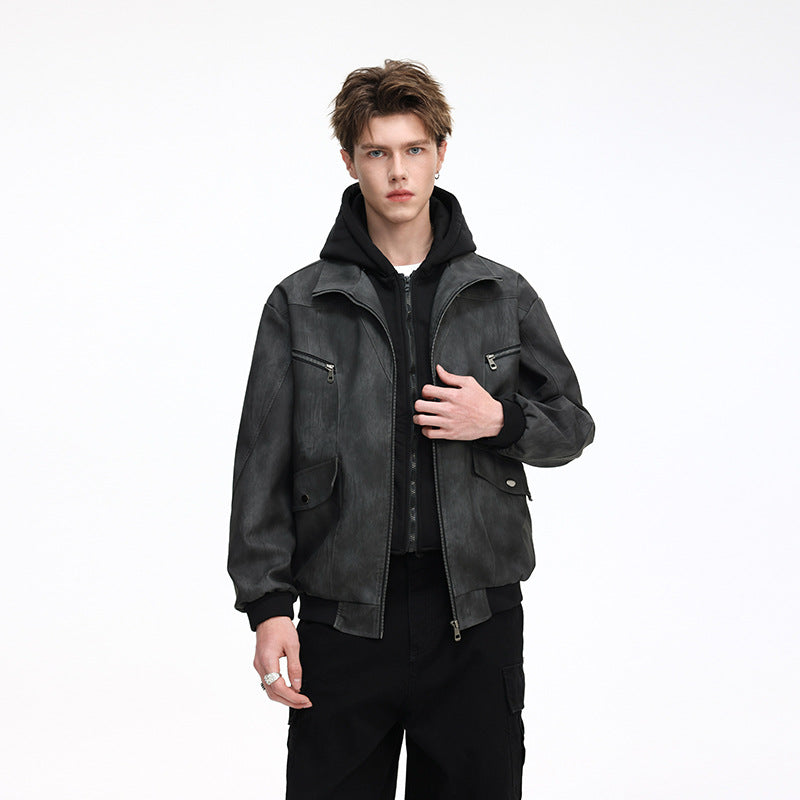 Herren Oversize-Blouson aus Kunstleder mit abnehmbarem Kapuzen‑Einsatz, Stehkragen und Utility‑Taschen Drune