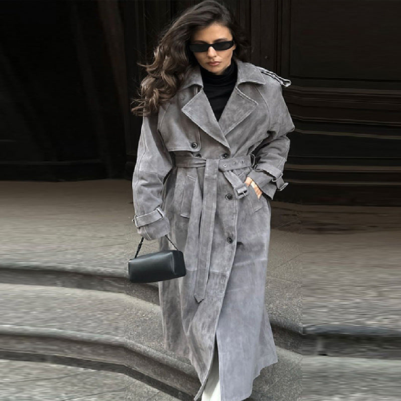Damen Langer Trenchcoat aus weichem Wildlederimitat mit modischen Details Drune
