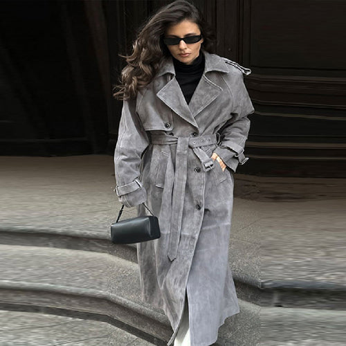 Damen Langer Trenchcoat aus weichem Wildlederimitat mit modischen Details Drune