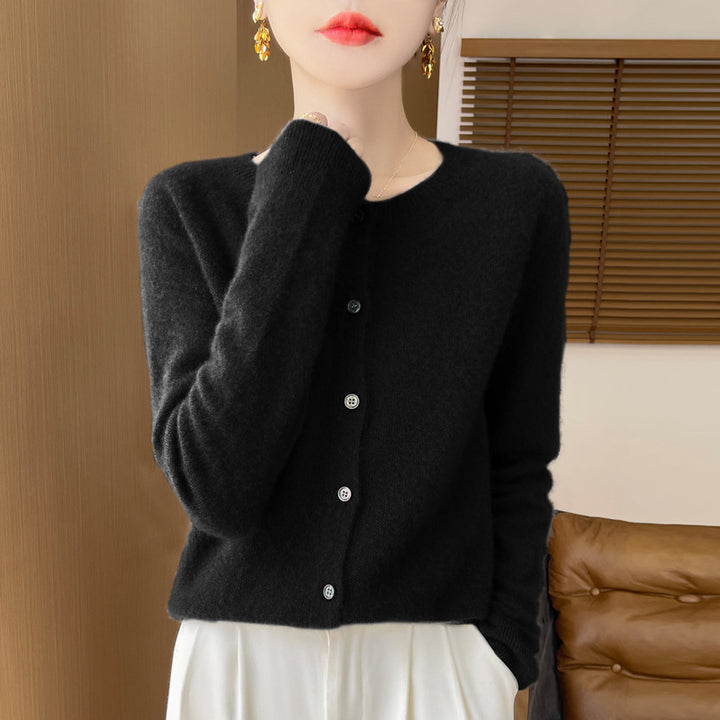 Damen Kurzgeschnittener Feinstrick-Cardigan mit Rundhalsausschnitt und schimmernder Knopfleiste Drune