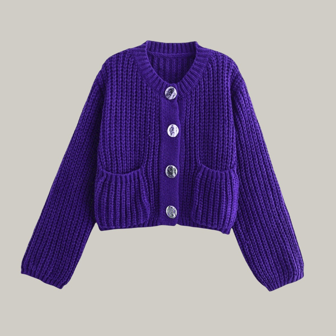 Damen Modische Strickjacke mit großen Knöpfen und praktischen Taschen Drune