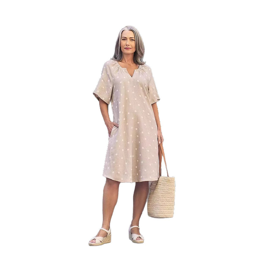 Damen nan lockeres A-Linien Leinenoptik-Kleid mit V-Ausschnitt, geraffter Schulterpartie und Eingrifftaschen Drune