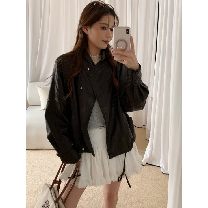 Damen Oversized Bikerjacke aus Kunstleder mit breitem Revers und voluminösen Ärmeln Drune
