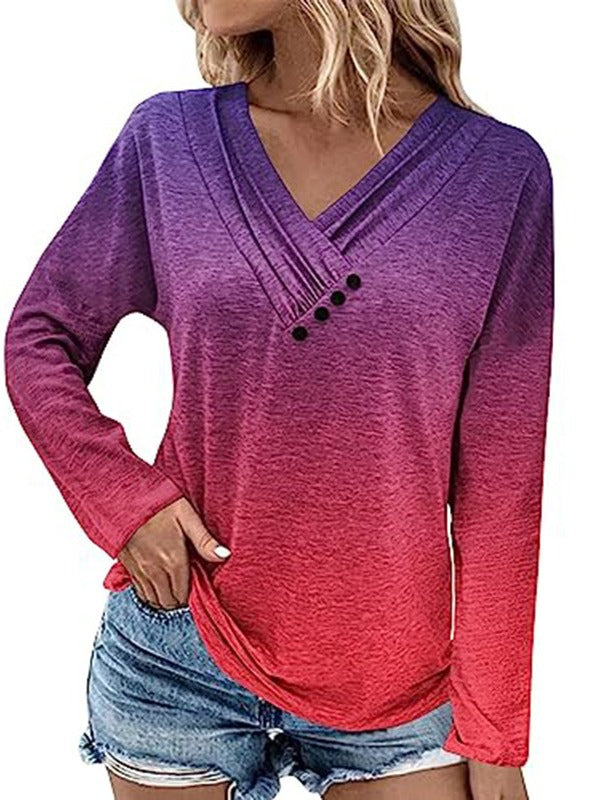 Damen Gerippter V-Ausschnitt Pullover mit Farbverlauf, Zierknöpfen und legerer Passform Drune