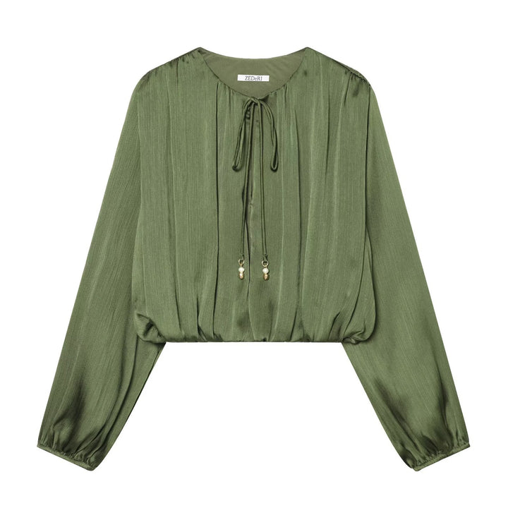 Damen Plissierte Cropped-Bluse mit Kordelzug und Ballonärmeln Drune