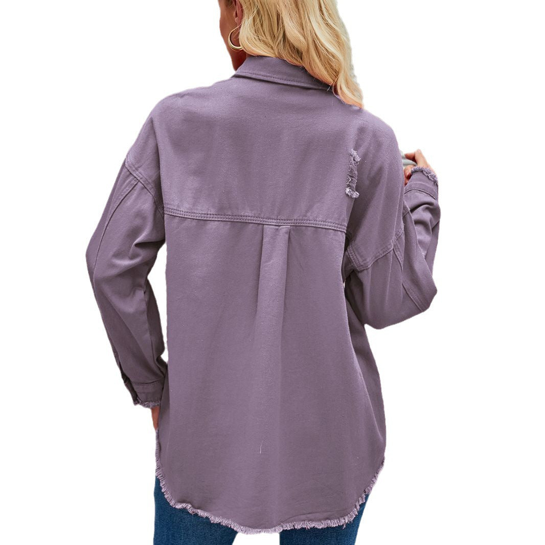Damen Denim-Hemdjacke im lässigen Oversized-Schnitt mit fransigen Details Drune