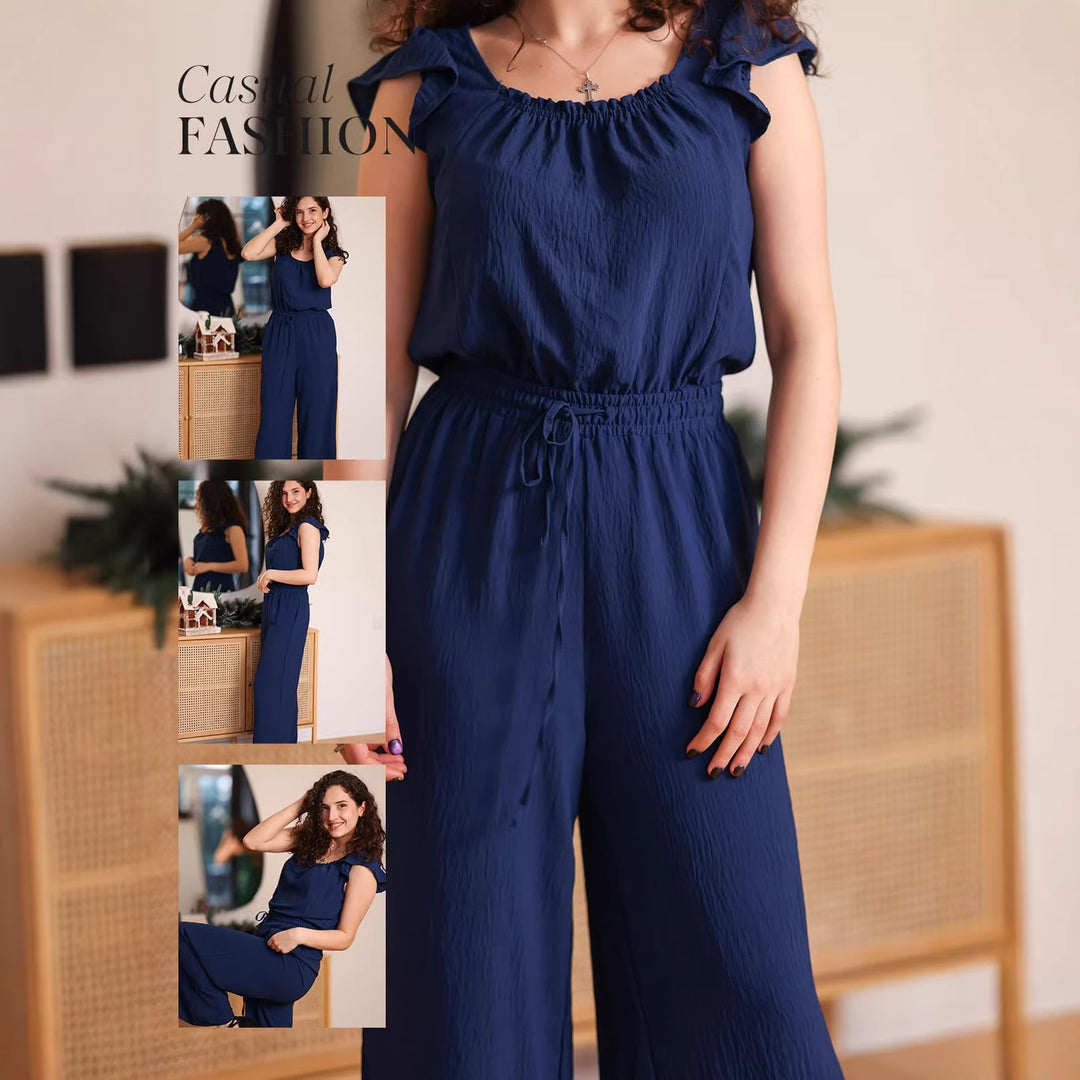 Damen Crinkle-Overall mit weitem Bein, elastischem Taillenbund und Rüschenärmeln Drune