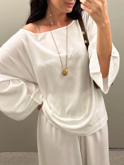 Damen luftiges Off-Shoulder Jumpsuit mit weiten Ärmeln und anpassbarem Bund Drune