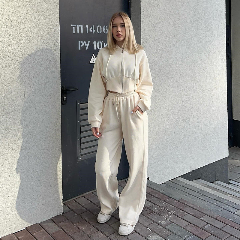 Damen kurzes Reißverschluss-Cropped-Hoodie mit hoher Bund Palazzo-Jogginghose Set Drune