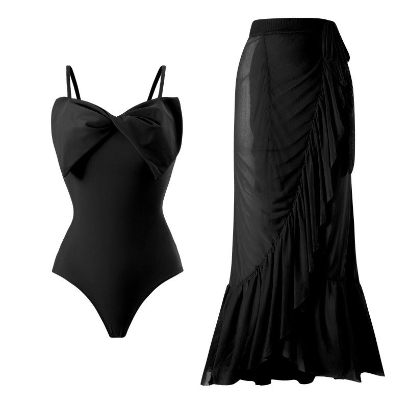 Damen Einteiler Badeanzug mit stylischem Wickelrock und glamourösem Schleifendetail Drune