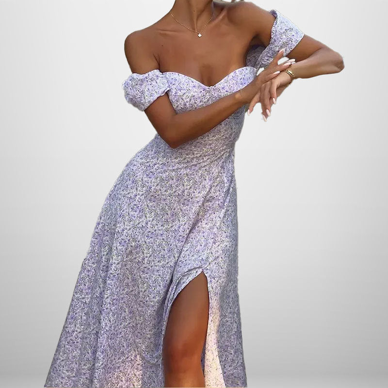 Damen Off-Shoulder Maxikleid mit romantischem Floralprint und seitlichem Schlitz Drune