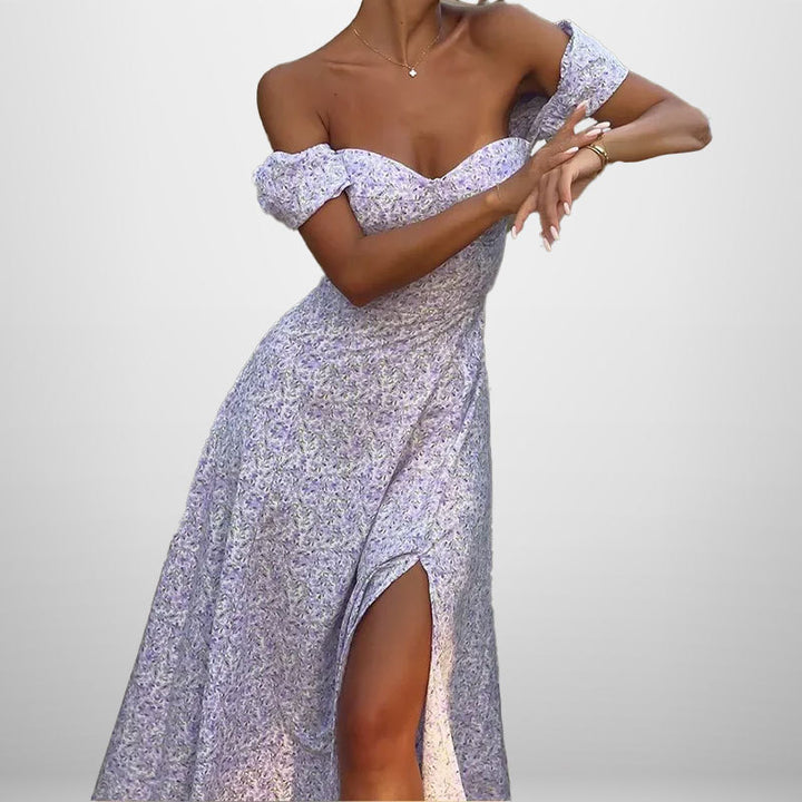 Damen Off-Shoulder Maxikleid mit romantischem Floralprint und seitlichem Schlitz Drune