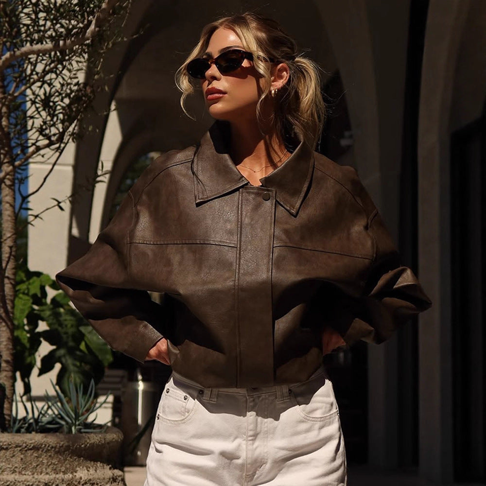 Damen Boxy Cropped Lederimitat‑Blouson mit Oversize‑Schulter Drune