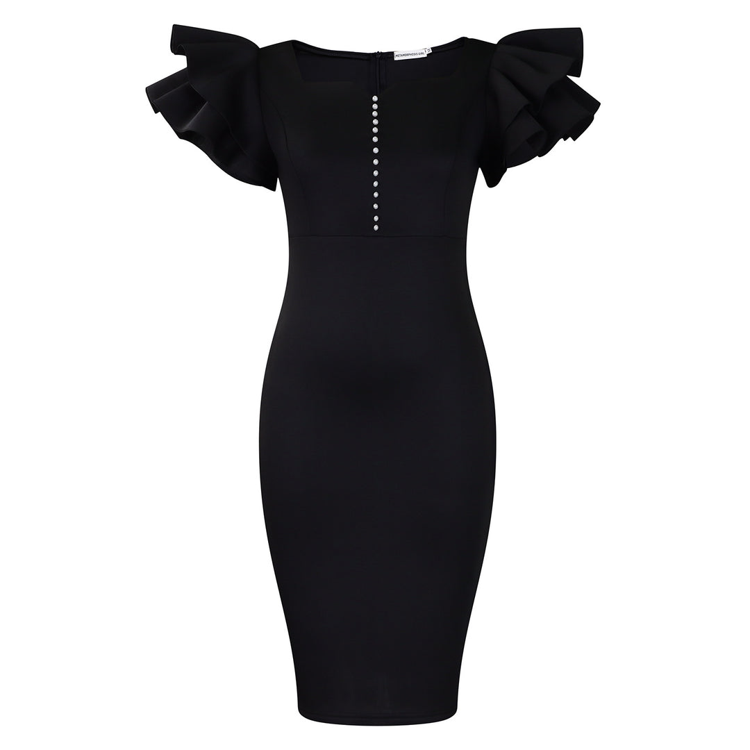 Damen figurbetontes Midi-Kleid mit voluminösen Rüschärmeln und Perlendetails Drune