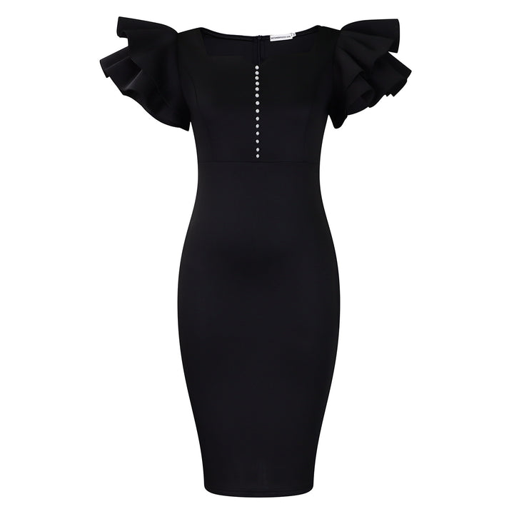 Damen figurbetontes Midi-Kleid mit voluminösen Rüschärmeln und Perlendetails Drune