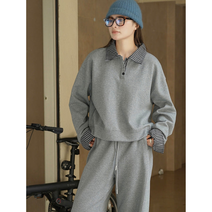 Damen Relaxed-Fit Sweatshirt mit gestreiftem Kragen- und Manschettenbesatz Drune