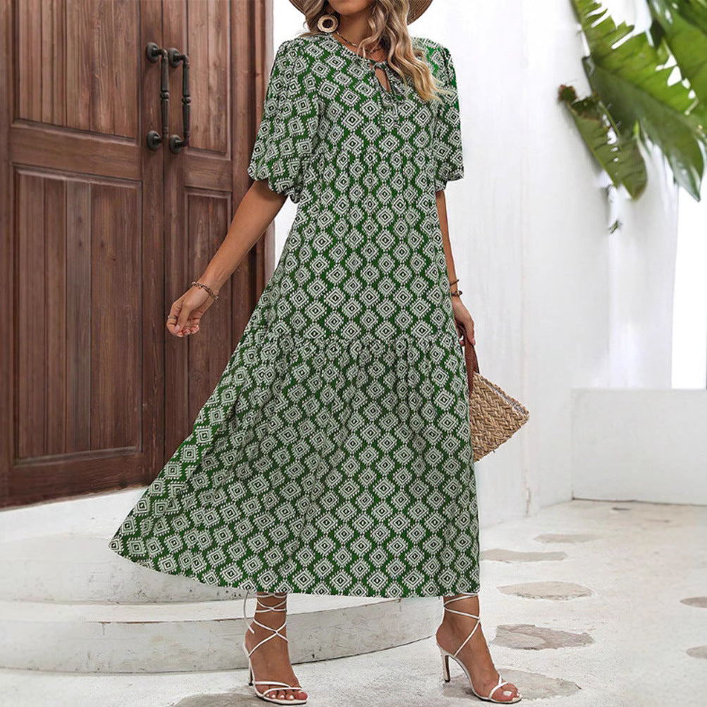 Damen nan luftiges Maxikleid mit geometrischem Ethno-Print, gerafftem Stufenrock und Schlüssel-Ausschnitt Drune