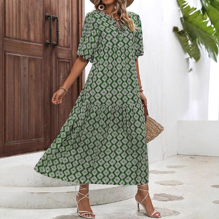 Damen nan luftiges Maxikleid mit geometrischem Ethno-Print, gerafftem Stufenrock und Schlüssel-Ausschnitt Drune