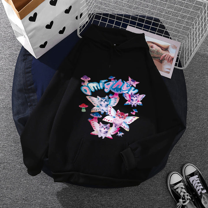 Damen nan Kapuzenpullover mit verspieltem Katzen‑Schmetterlings-Print und Kängurutasche Drune