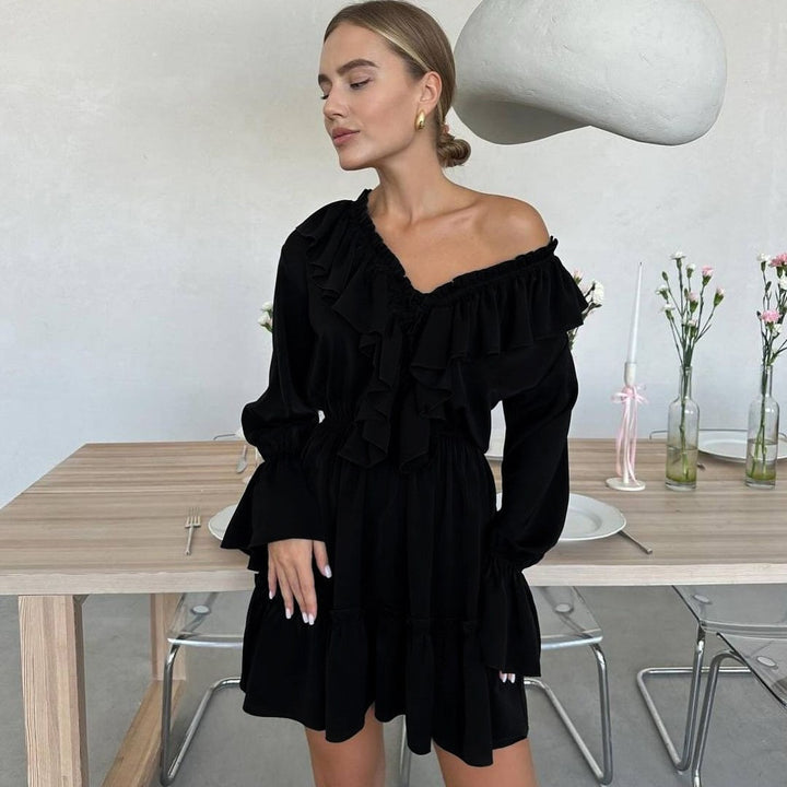 Damen Verspieltes Rüschen-Kurzkleid mit V-Ausschnitt, geraffter Taille und Stufensaum Drune