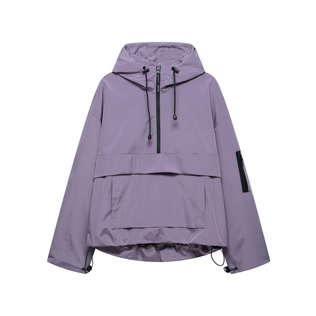 Damen wasserdichter Oversized Anorak mit Kapuze, halbem Reißverschluss und Kängurutasche Drune