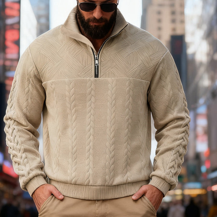 Herren nan strukturiertes Halfzip-Strickpullover mit Zopfmuster und hohem Stehkragen Drune