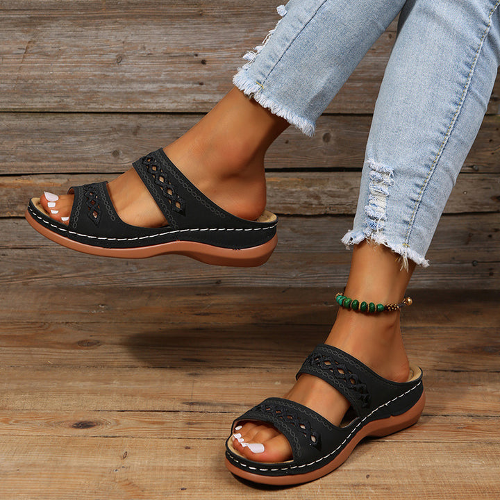Damen Komfort-Sandalen mit doppeltem Riemen, Stickerei und gepolstertem Fußbett Drune
