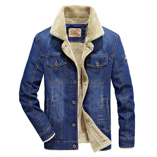 Herren Jeansjacke mit dichter Sherpa-Innenfütterung, hochschließendem Kragen und Utility-Taschen Drune