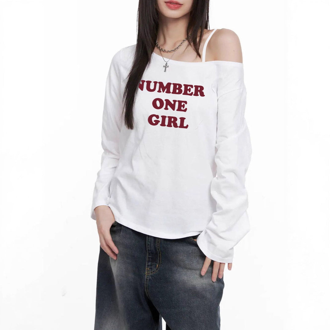 Damen nan asymmetrisches Off-Shoulder Longsleeve mit Statement-Print und lockerem Oversize-Schnitt Drune