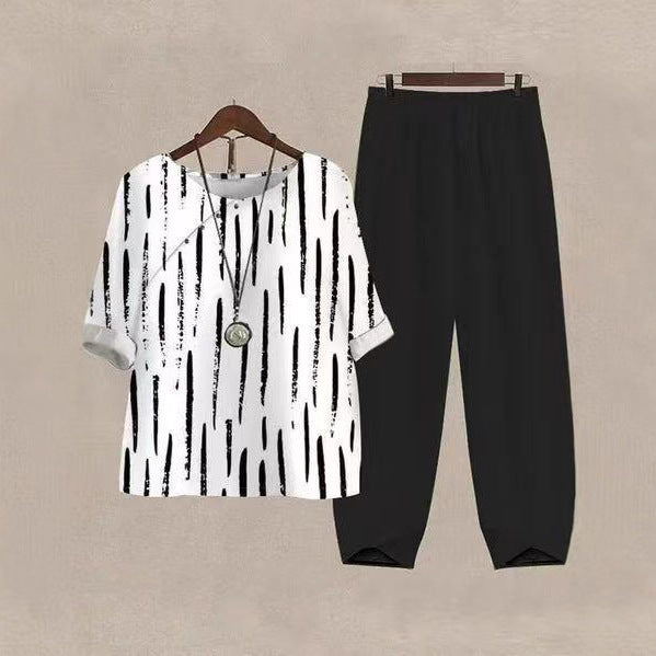 Damen nan legeres Freizeit-Set mit gemustertem Oversize-Shirt und konisch zulaufender Komforthose Drune