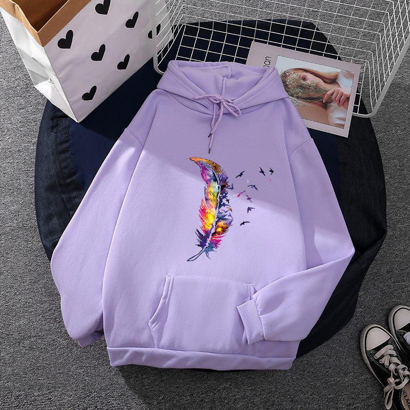 Damen nan Kapuzenpullover mit künstlerischem Aquarell‑Federmotiv, Oversize‑Schnitt und Kängurutasche Drune
