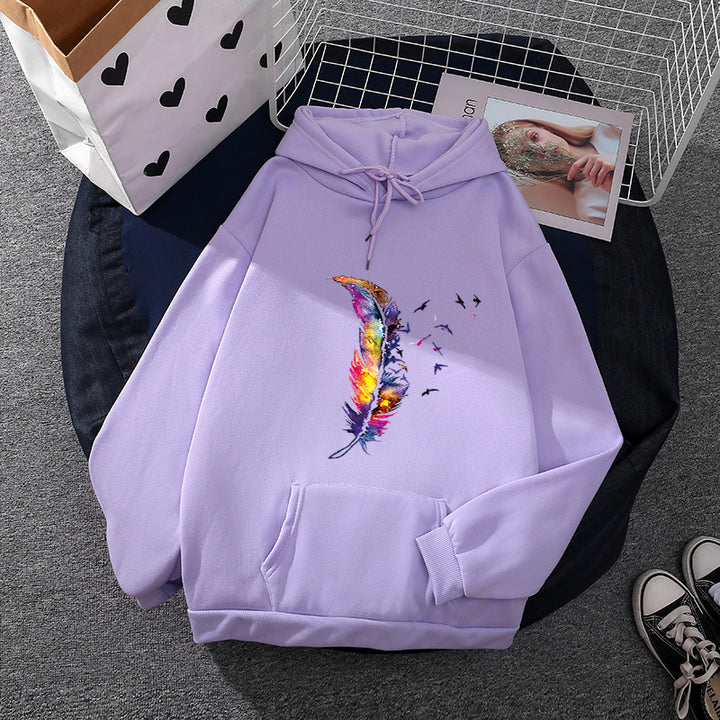 Damen nan Kapuzenpullover mit künstlerischem Aquarell‑Federmotiv, Oversize‑Schnitt und Kängurutasche Drune