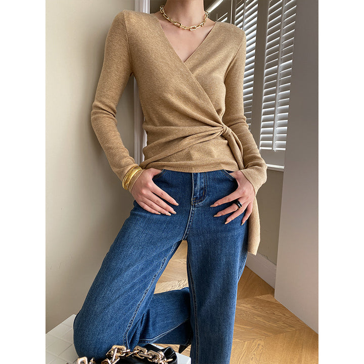 Damen Wickelpullover aus weichem Strick mit V-Ausschnitt und dekorativem Bindeband Drune
