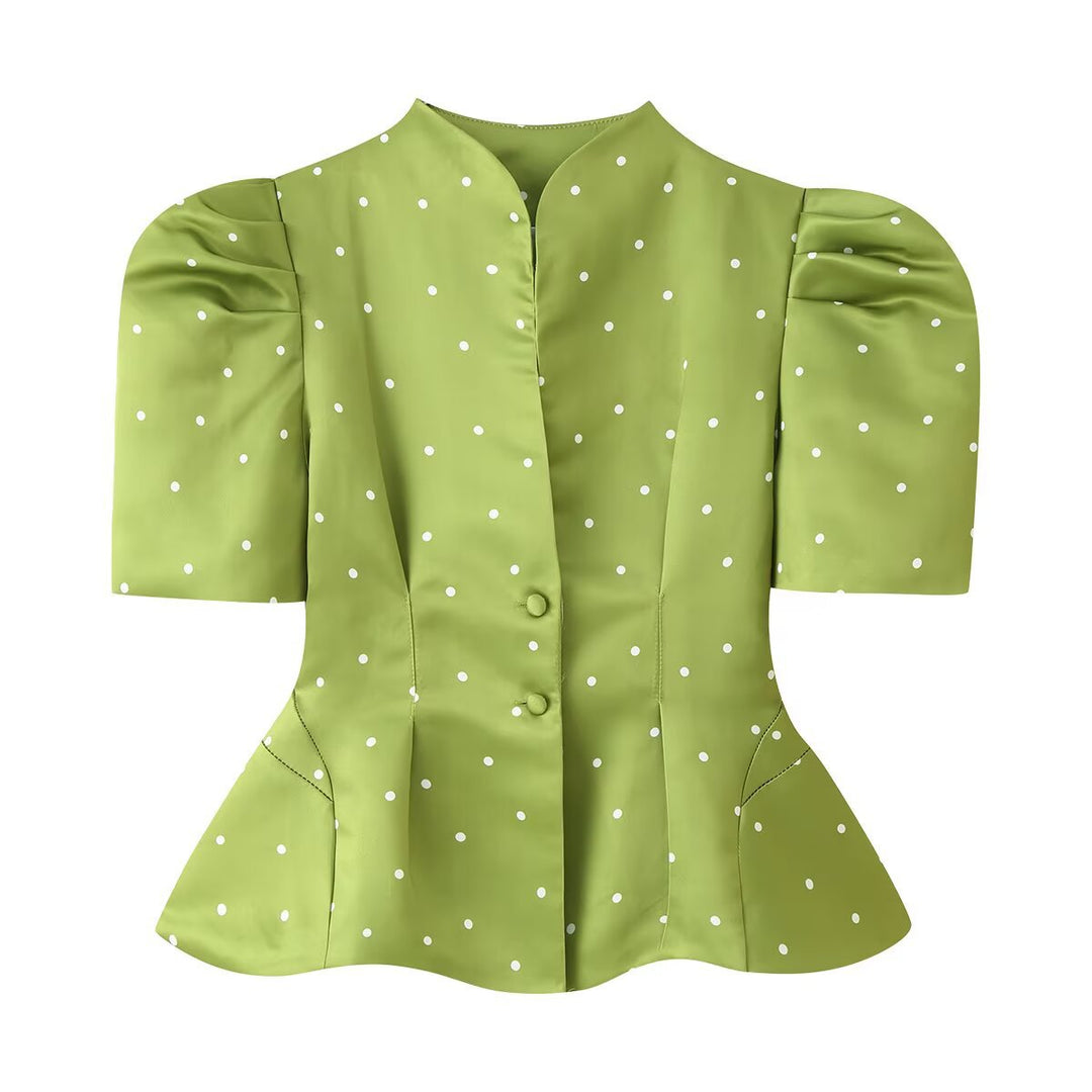 Damen Polka-Dot Bluse mit Stehkragen, Puffärmeln und tailliertem Schößchen Drune